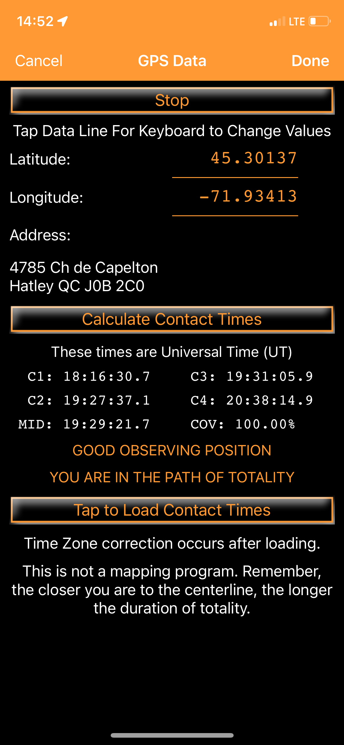 Eclipse observation app showing my chosen location.