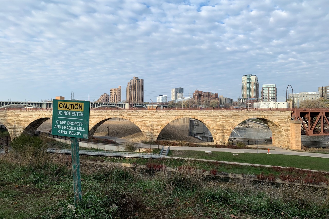 Looking across the river towards the Stone Arch Bridge from in front of the museum.