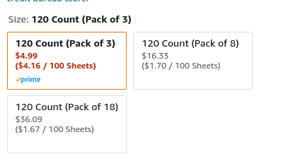 A 3-pack, 120 count: $4.16 per 100 sheets. An 8-pack, 120 count: $1.70 / 100 sheets.